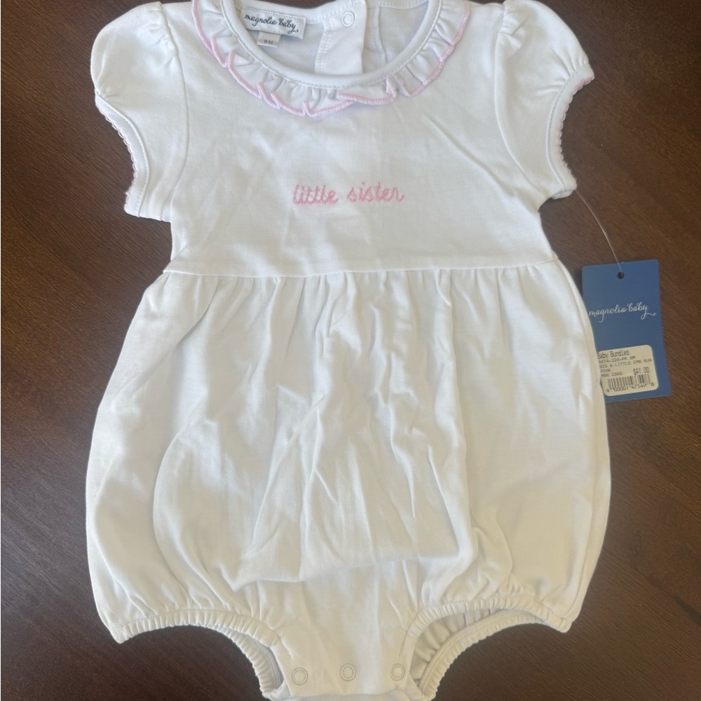 Magnolia Baby White Romper with Pink Trim “little sister”